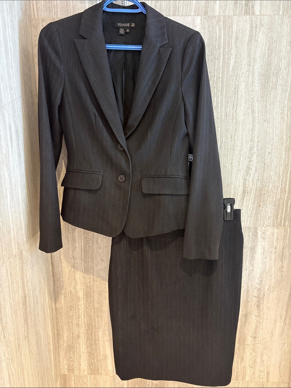 FEMME Black Pinstripe Tailored Women's Blazer and Pencil Skirt Set